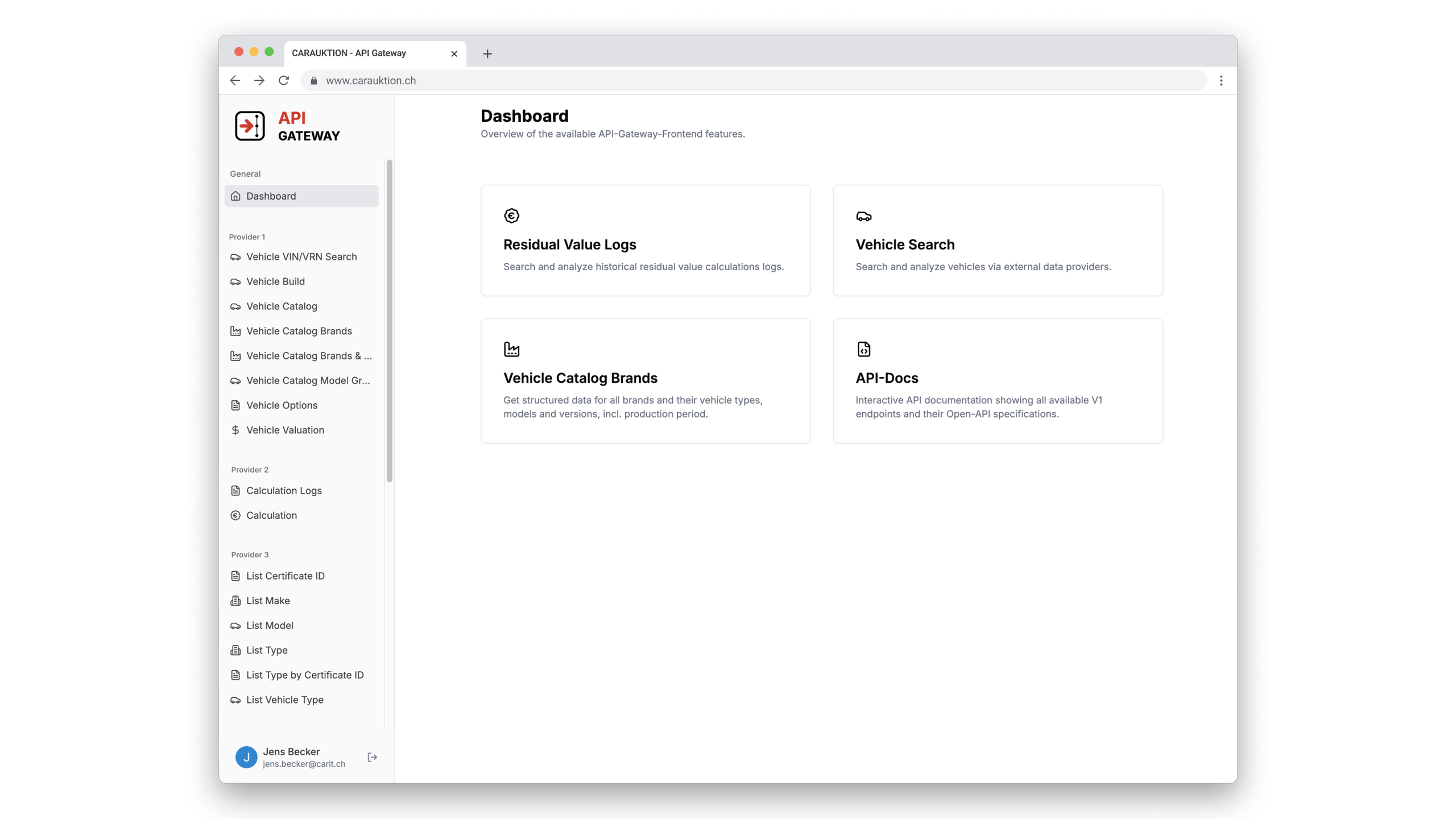 Dashboard der CARAUKTION API-Gateway-Webanwendung mit Übersichten zu Fahrzeug-Suchfunktionen, Restwertprotokollen, Fahrzeugkatalogmarken und API-Dokumentationen.