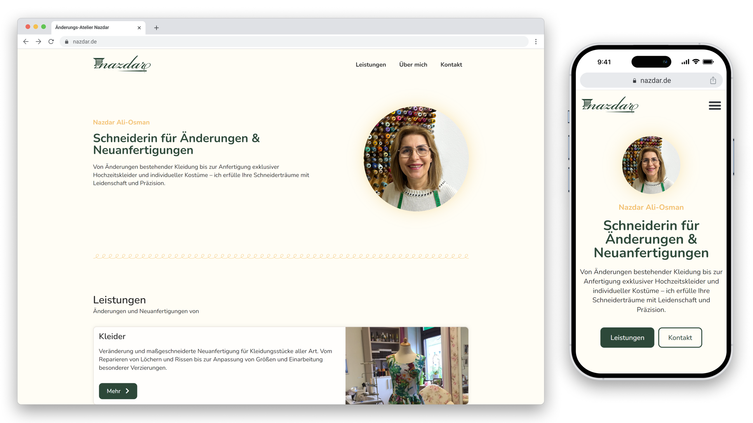 The desktop and mobile view of a website for a tailor specialized in alterations and custom clothing, featuring a woman's portrait, a section for services, and contact options.