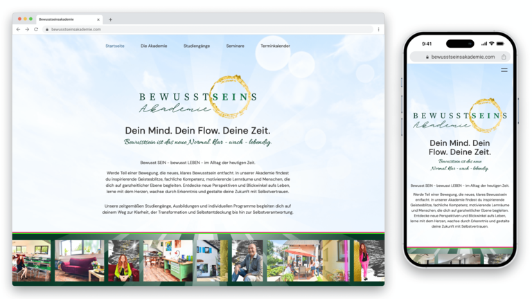 Startseite der Bewusstseinsakademie-Website mit dem Slogan "Dein Mind. Dein Flow. Deine Zeit." und Navigation zu Startseite, Akademie, Studiengänge, Seminare und Terminkalender. Am unteren Rand eine Bildleiste mit verschiedenen Fotos.