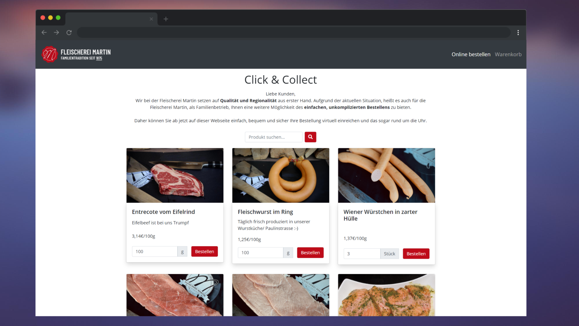 Online grocery shop page for Fleischerei Martin with a focus on meat products.