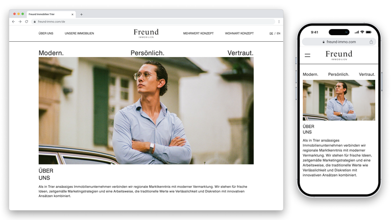 Website der Firma Freund Immobilien, die eine moderne, persönliche und vertraute Atmosphäre vermittelt, mit einem Bild eines Mannes in Hemd und Brille vor einem Gebäude.
