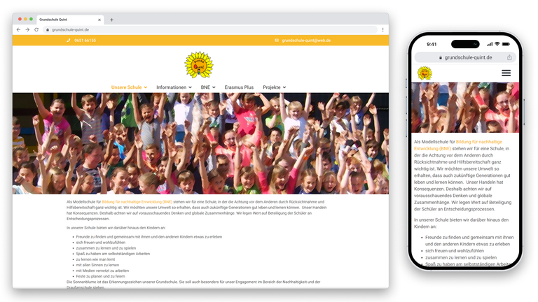 Startseite einer Schulwebseite auf einem Computerbildschirm und einem Smartphone, zeigt Kinder bei einer Gruppenaktivität im Hauptbanner.