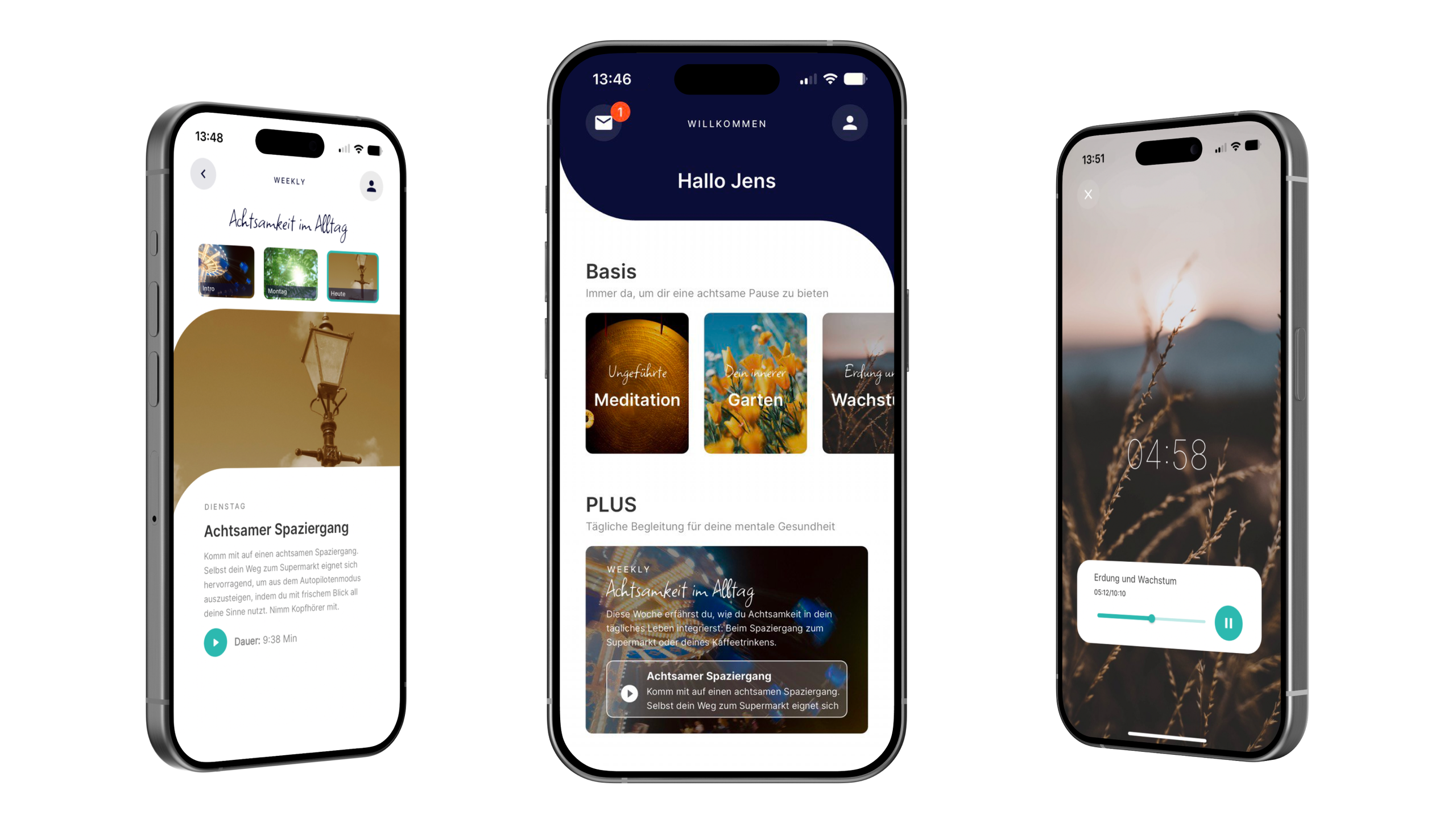 Three smartphones displaying a mindfulness app interface with options for meditation, garden, and growth activities.