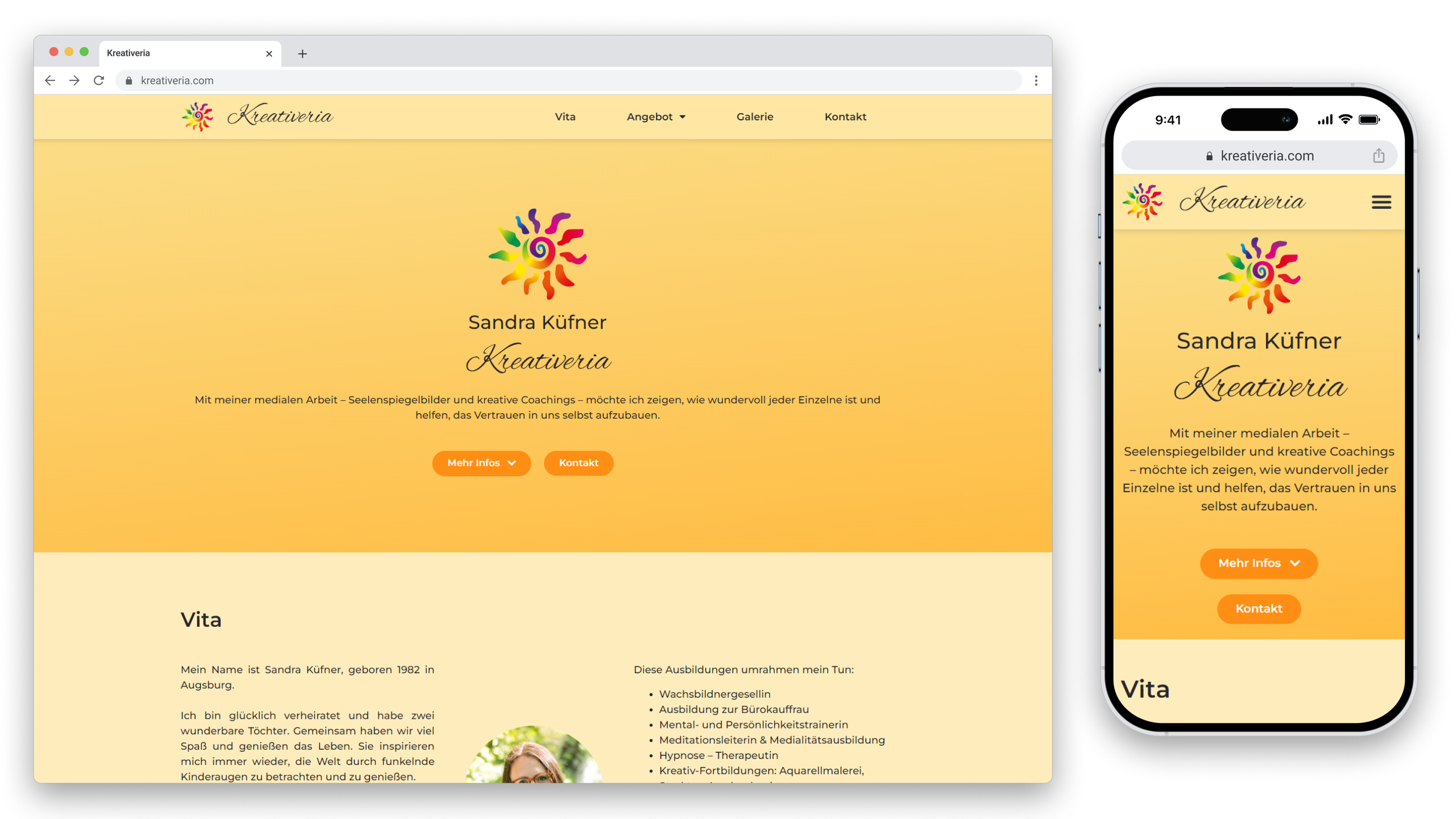 Startseite der Kreativeria-Website mit Sandra Küfner, einem bunten Logo und einem gelb-orangenen Hintergrund.
