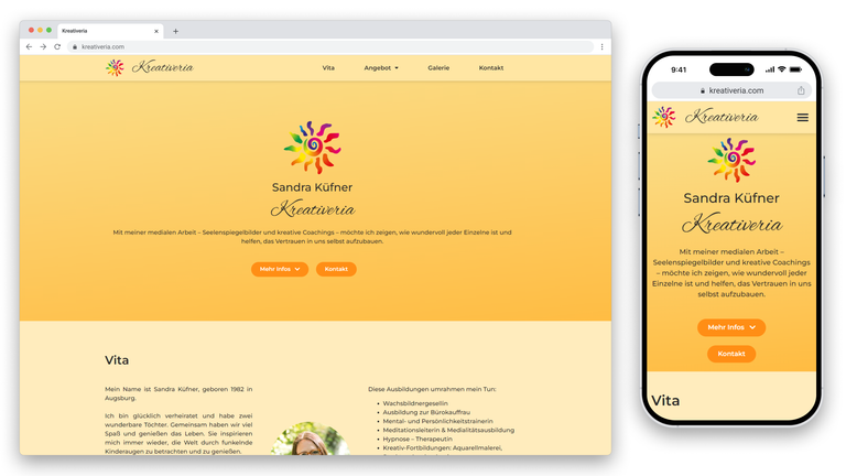 Startseite der Kreativeria-Website mit Sandra Küfner, einem bunten Logo und einem gelb-orangenen Hintergrund.