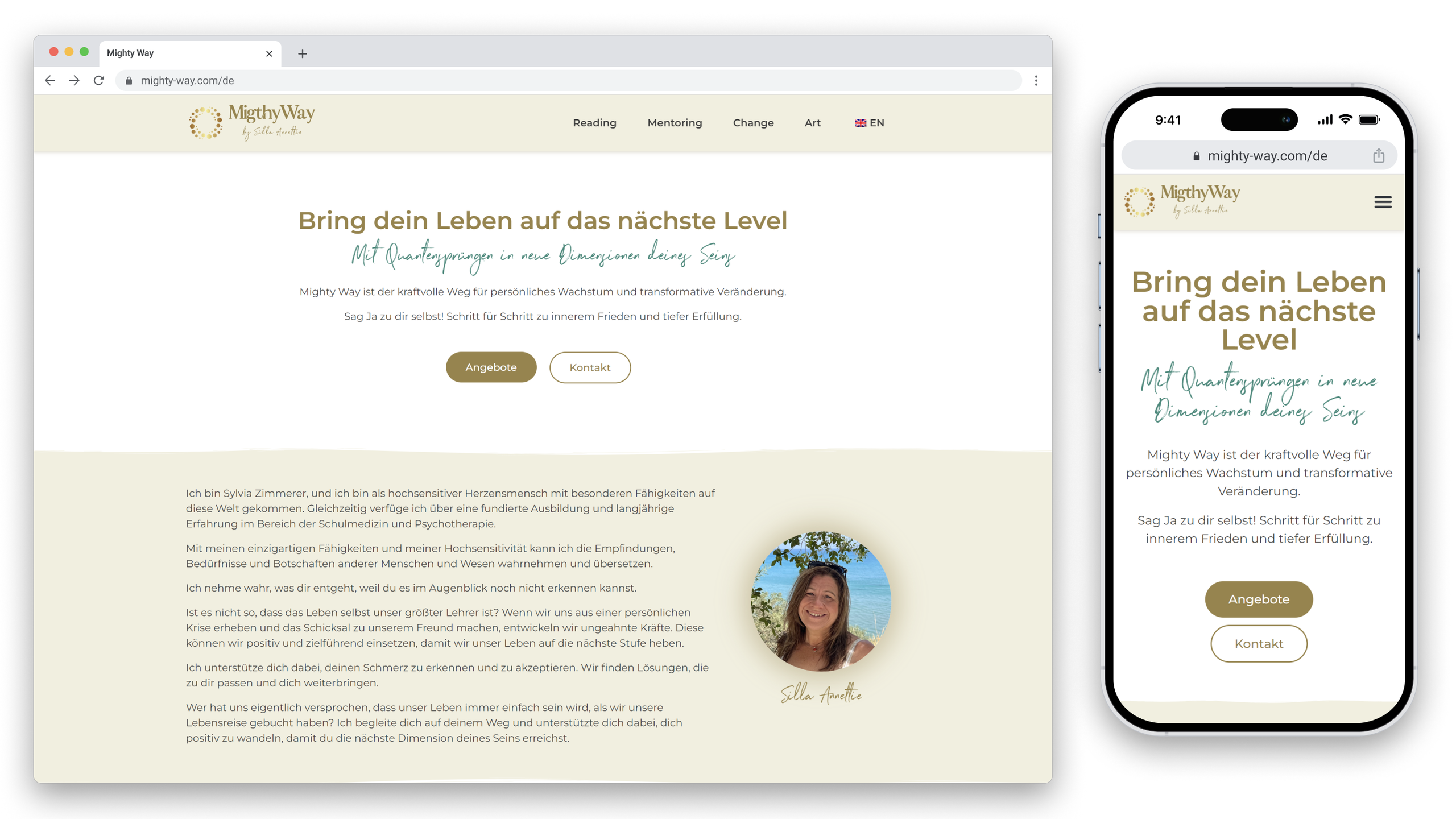 A desktop screen and a smartphone screen display the website of MightyWay, showing a clean, minimalistic design with a beige background, tagline, and a photo of a smiling woman.