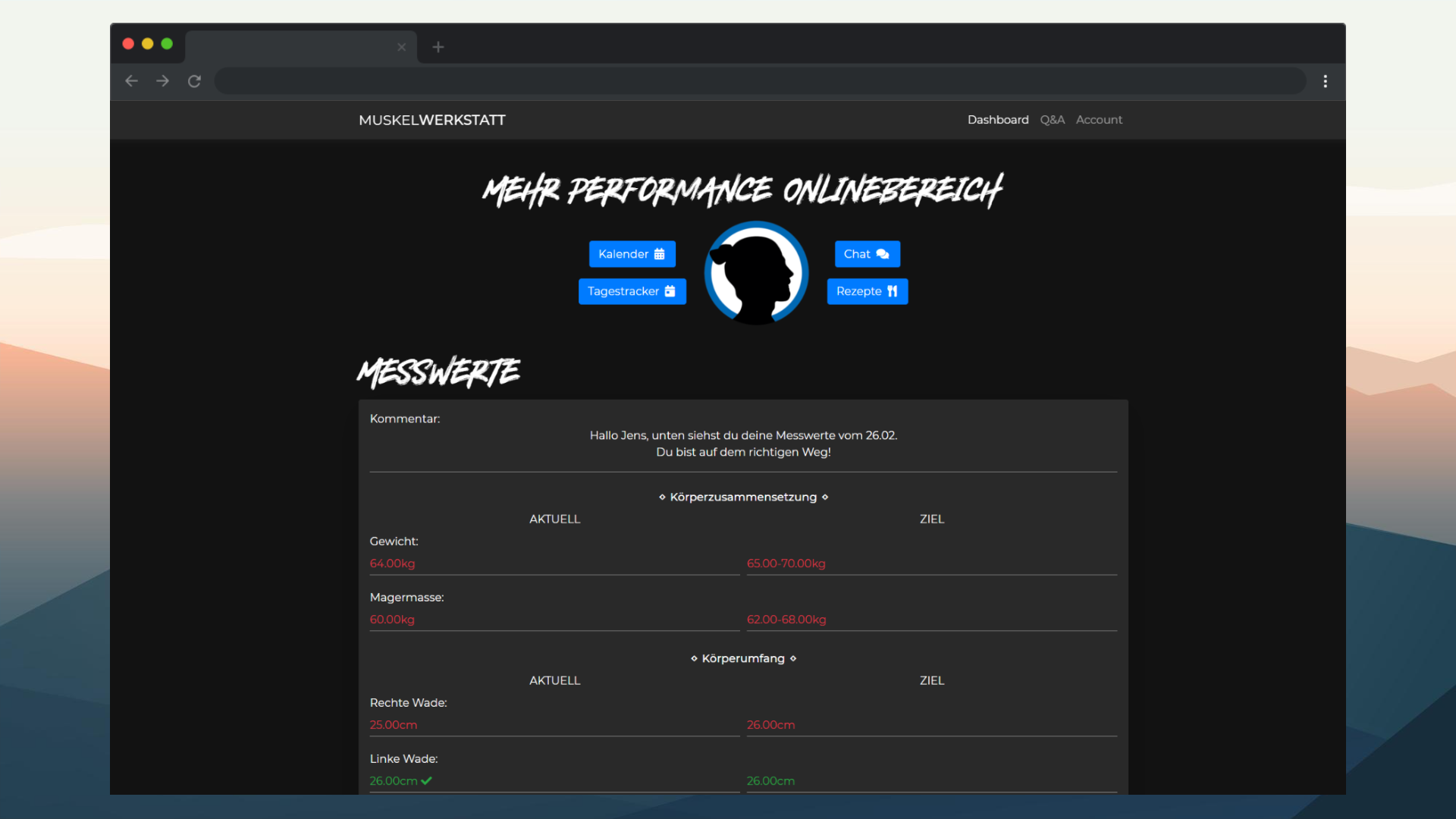 A dark-themed online fitness dashboard displaying body measurements, targets, and measurements updates.