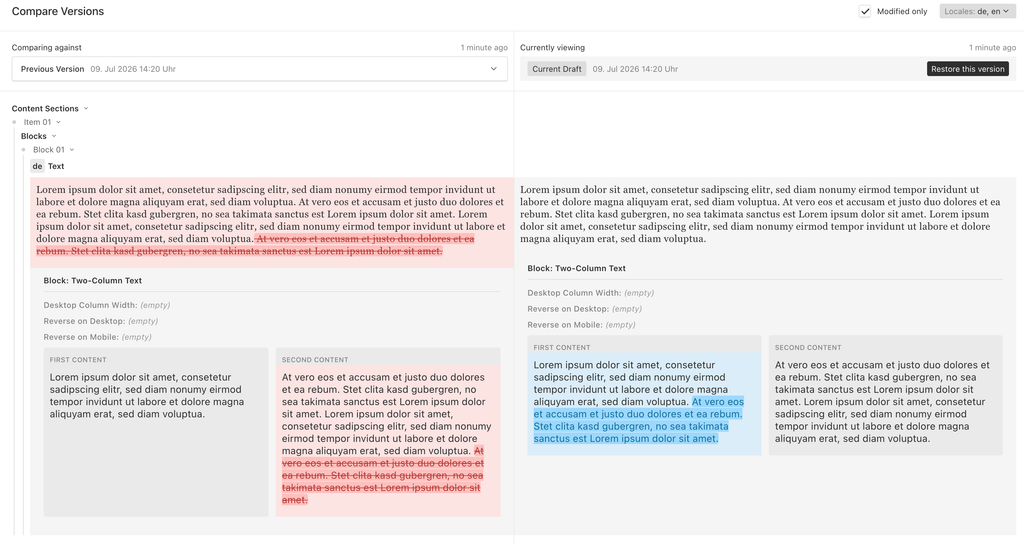Comparison view of a two-column text block with highlighted differences; left side shows an earlier text version with strikethrough and red highlights, right side shows the current version with blue highlighted changes.
