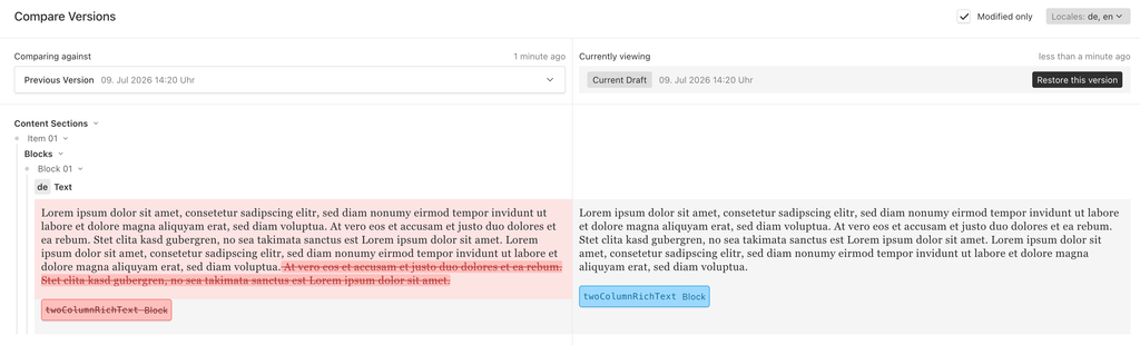 Screenshot of a digital text version comparison showing a highlighted difference in the left section with red background and blue marking.