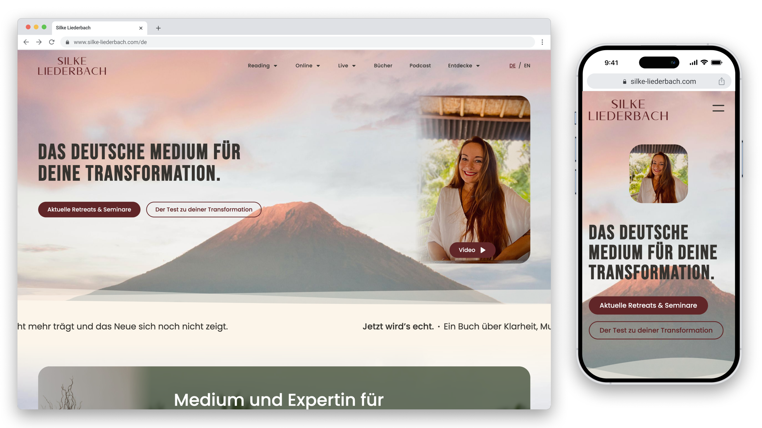 Startseite der Website von Silke Liederbach mit einem Bild von einem Berg und einem Porträtfoto einer lächelnden Frau in einem abgerundeten Rechteck, Text "Das deutsche Medium für deine Transformation" und Handlungsbuttons.