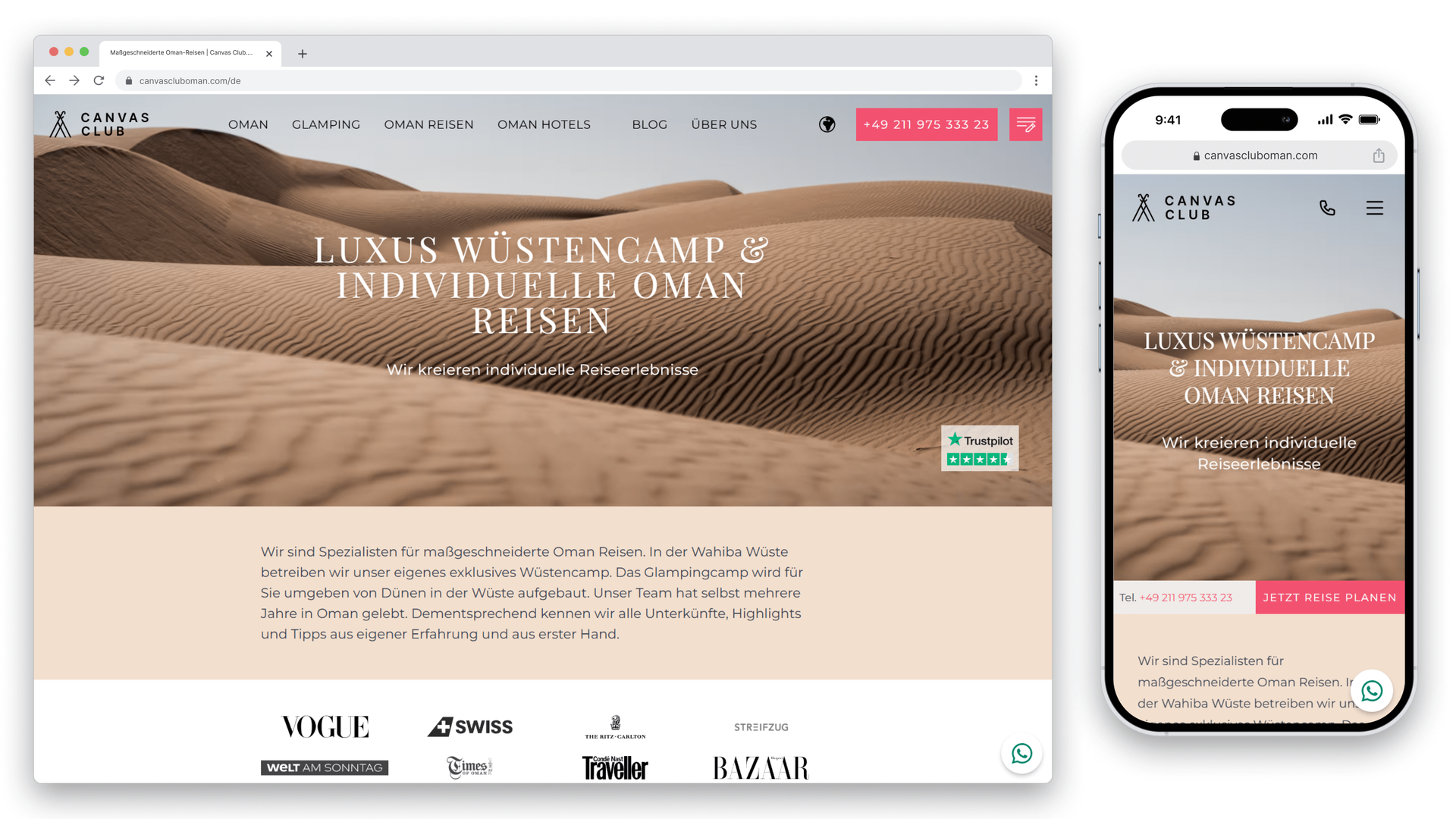 Eine Website- und Mobilansicht des Canvas Club Oman, die Luxus-Wüstencampings und persönliche Reiseerlebnisse in der Wahiba-Wüste zeigt.