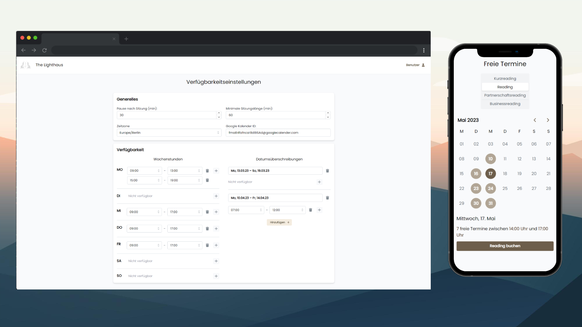A screenshot of an online availability settings page and a mobile calendar app showing available dates in May 2023.