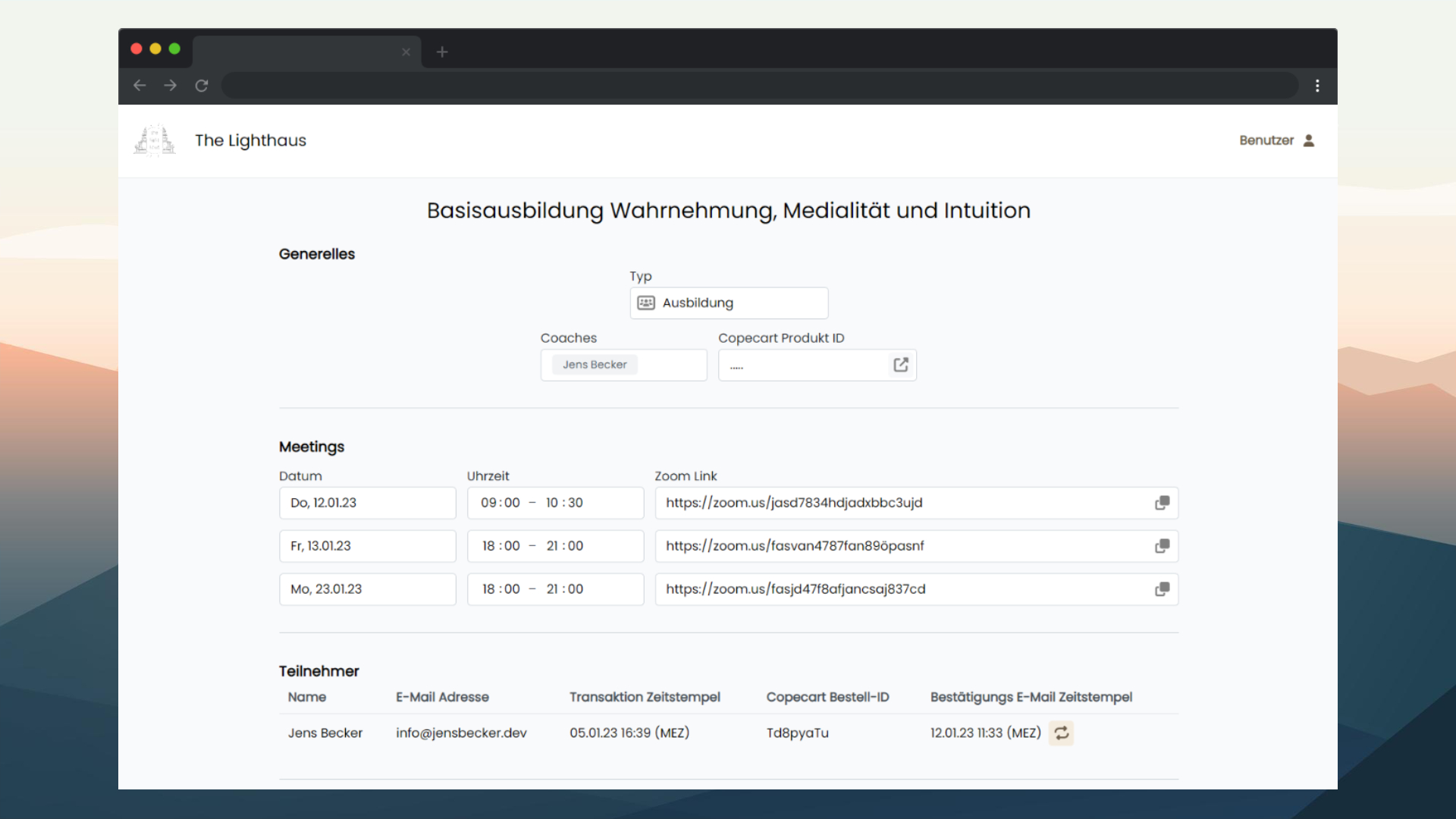 A web interface displaying scheduled meetings with details like date, time, zoom link, and participant information.