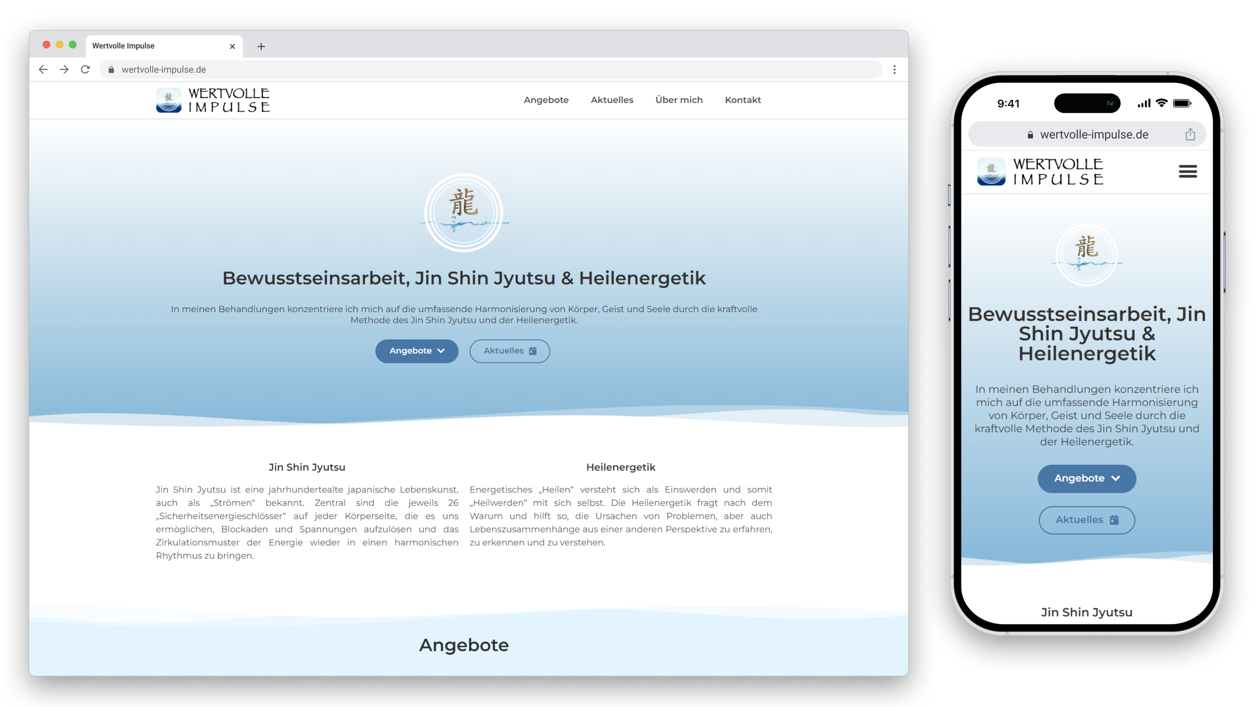 A desktop and smartphone screen displaying the homepage of wertvolle-impulse.de, focused on mindfulness, Jin Shin Jyutsu and healing energy.